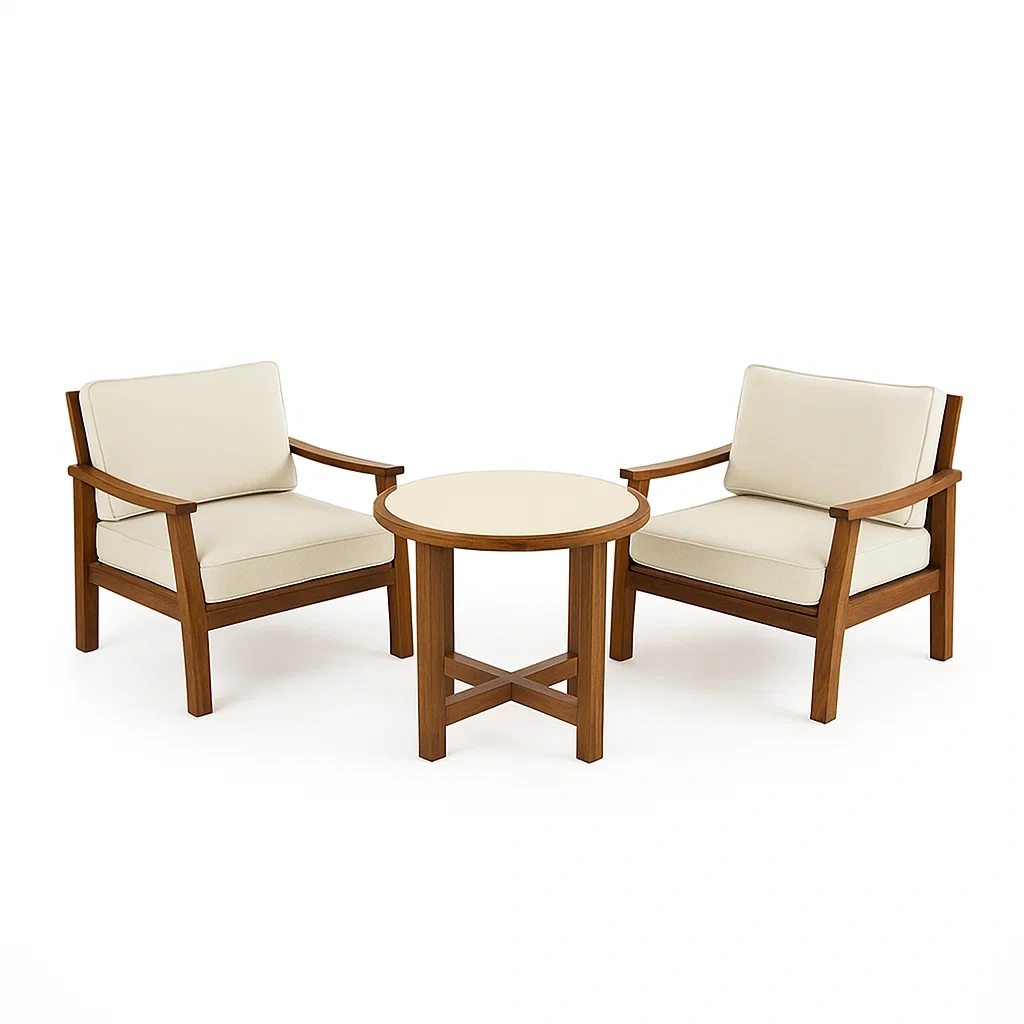 Ensemble de table et chaises de détente en bois avec 2 fauteuils et table ronde beige