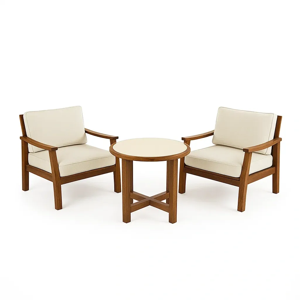 Ensemble de table et chaises de détente en bois avec 2 fauteuils et table ronde beige