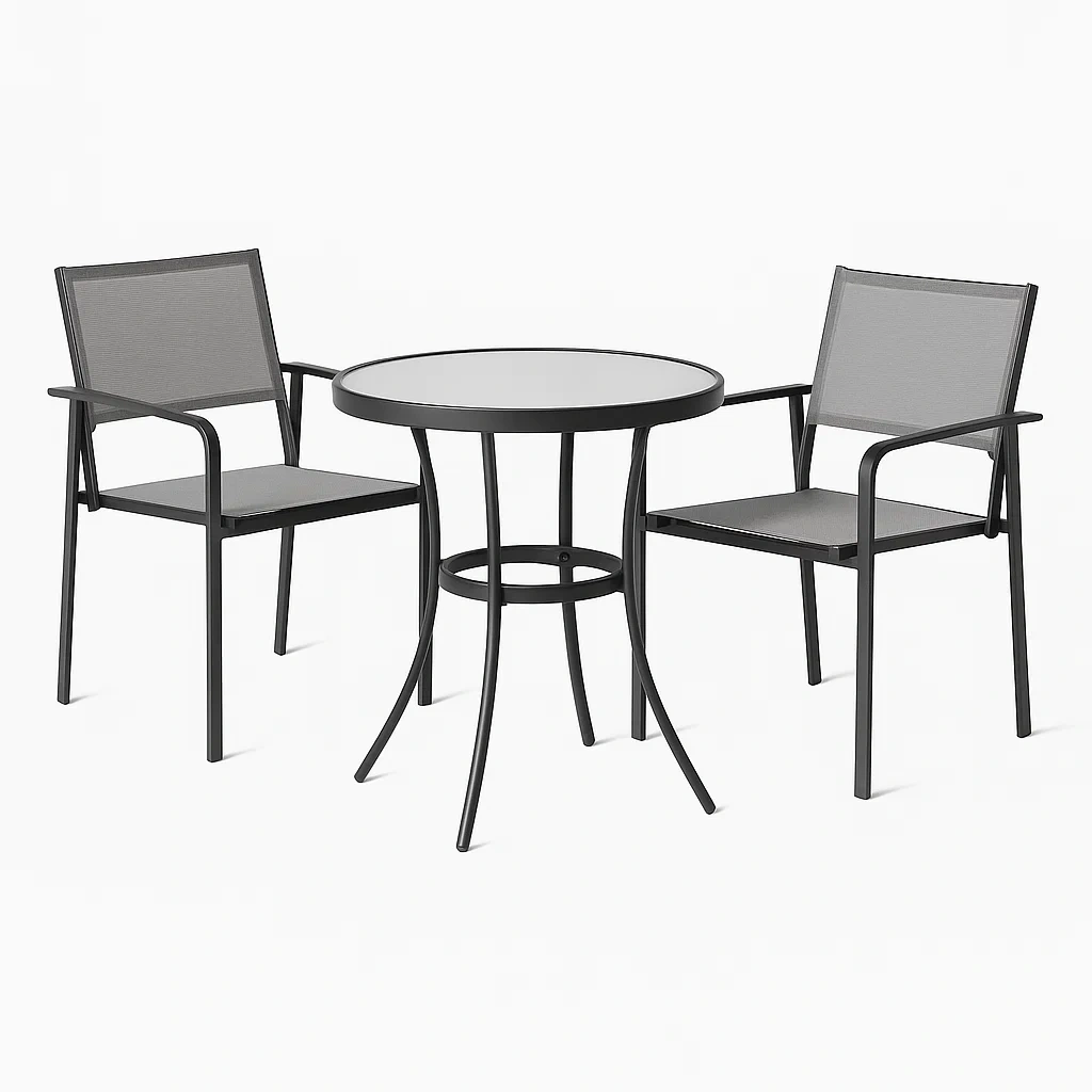 Ensemble de table et chaises de détente en verre rond et chaises Textilène gris