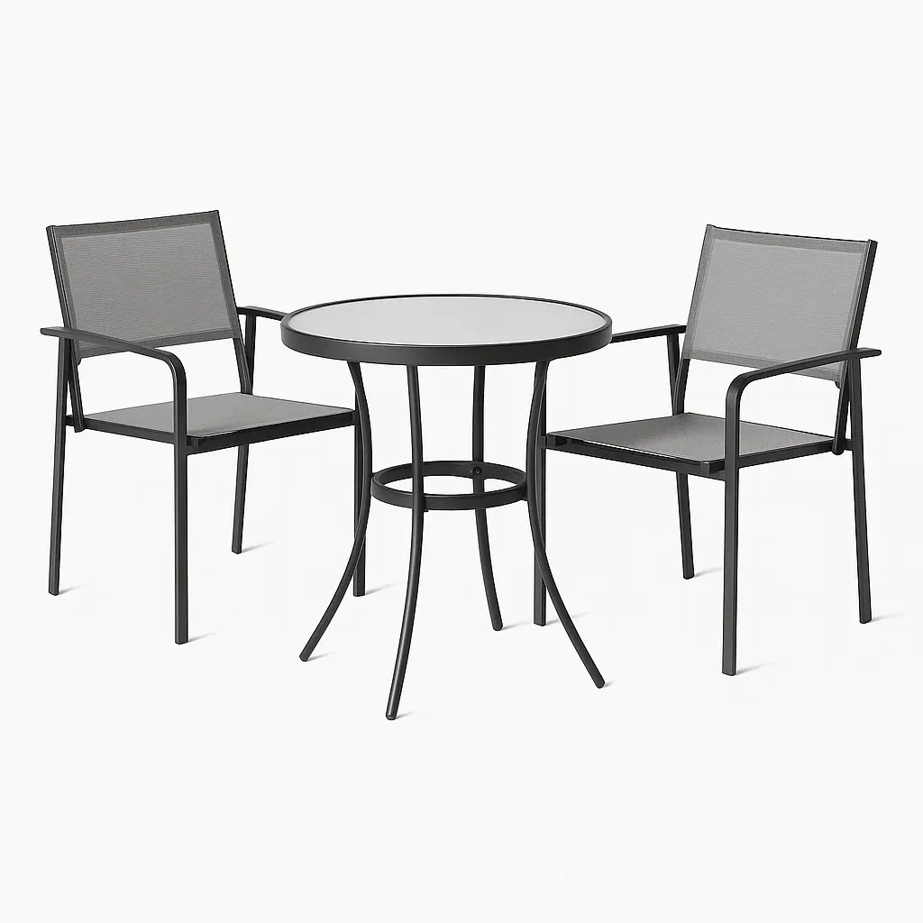 Ensemble de table et chaises de détente en verre rond et chaises Textilène gris