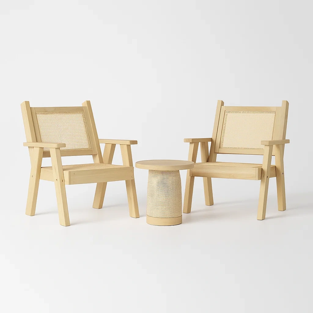 Ensemble de table et chaises de détente en chêne et rotin avec table