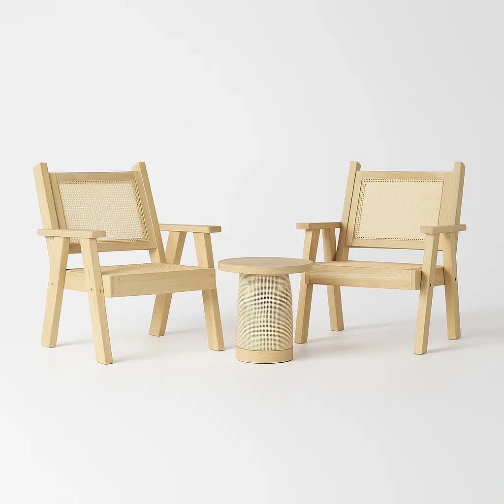 Ensemble de table et chaises de détente en chêne et rotin avec table