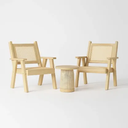 Ensemble de table et chaises de détente en chêne et rotin avec table