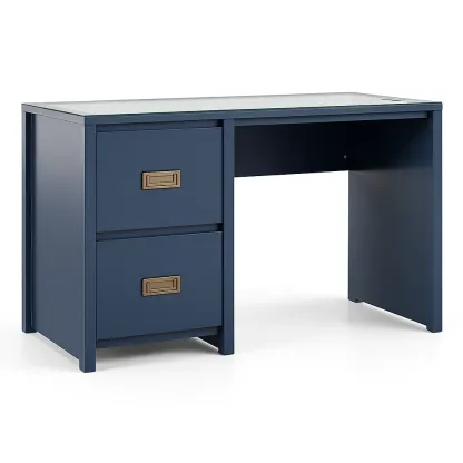 Bureau en bois bleu avec tiroirs et surface en verre