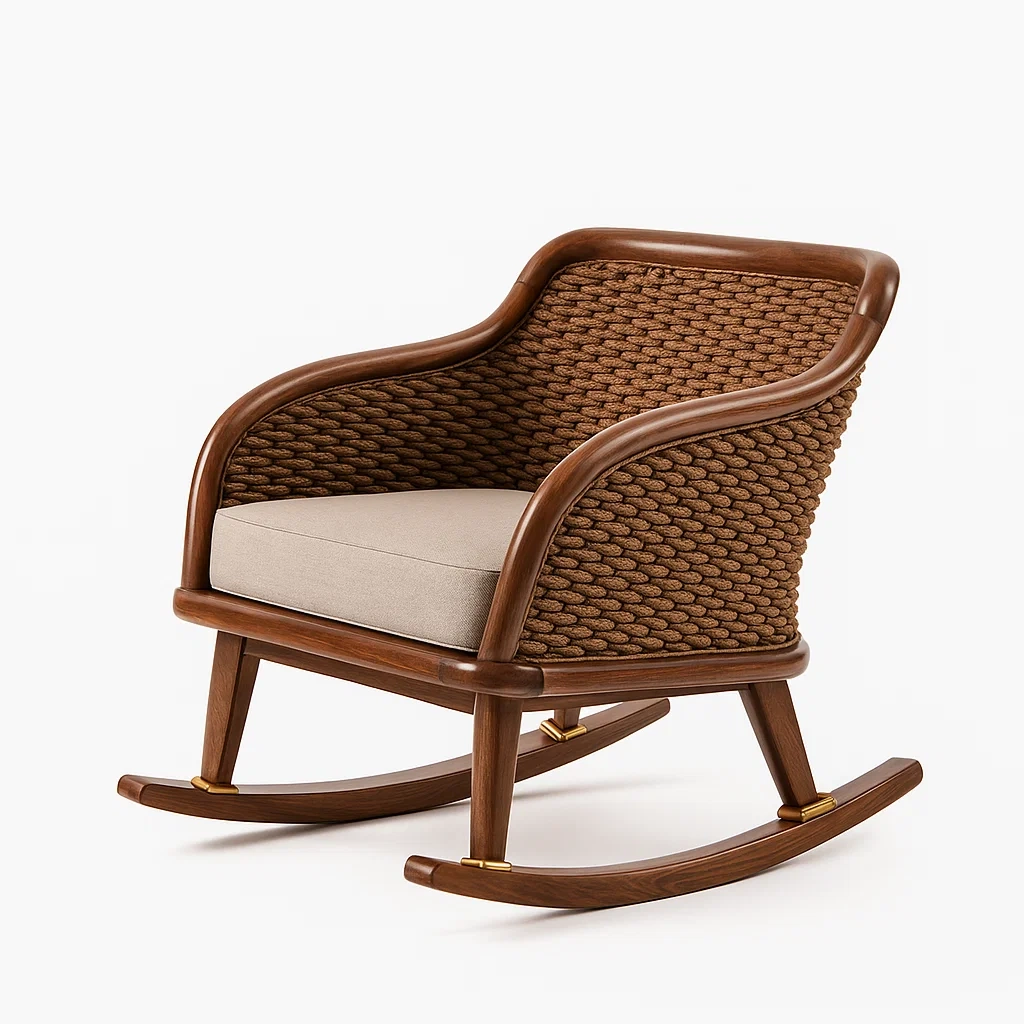 Fauteuil à bascule en bois et corde avec coussin en polyester beige