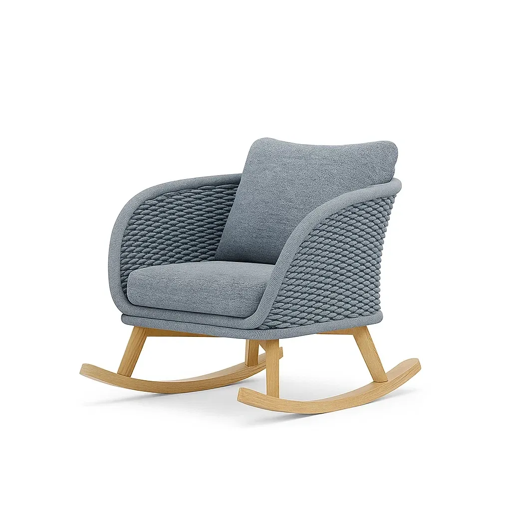 Fauteuil à bascule en corde tressée et tissu gris avec cadre en bois