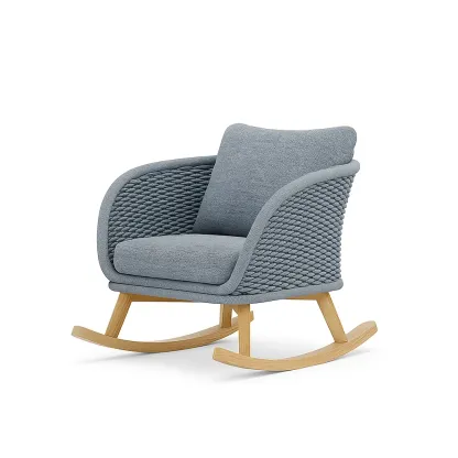 Fauteuil à bascule en corde tressée et tissu gris avec cadre en bois