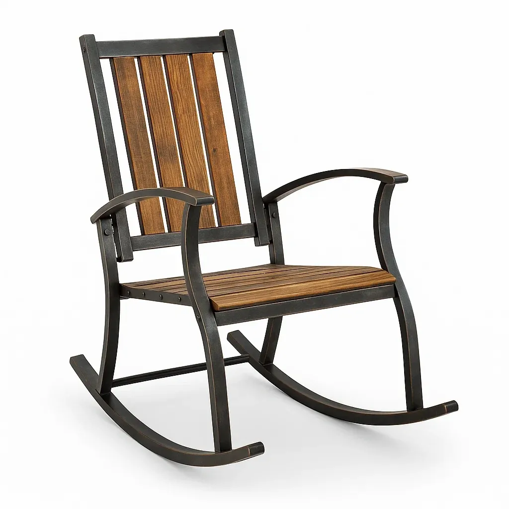 Fauteuil à bascule en bois et métal, brun et noir