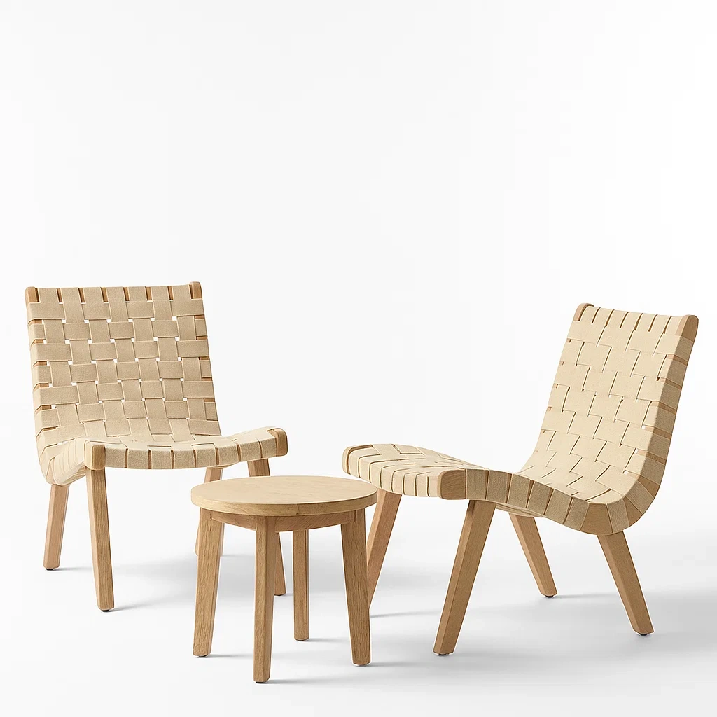 Ensemble de table et chaises de détente en bois avec assise tressée en tissu beige, structure en chêne