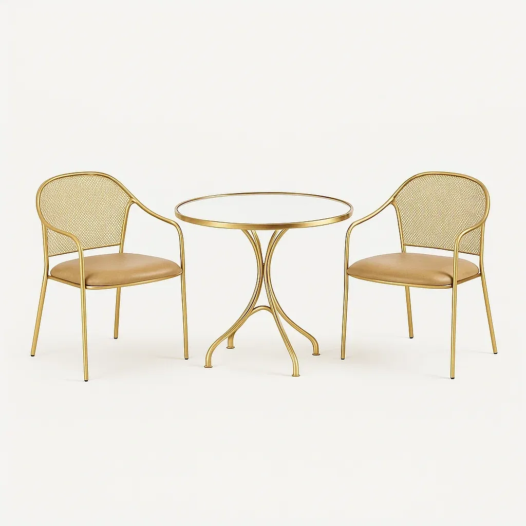 Ensemble de table et chaises de détente en métal doré avec table en verre et 2 chaises
