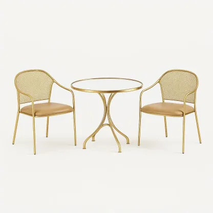 Ensemble de table et chaises de détente en métal doré avec table en verre et 2 chaises