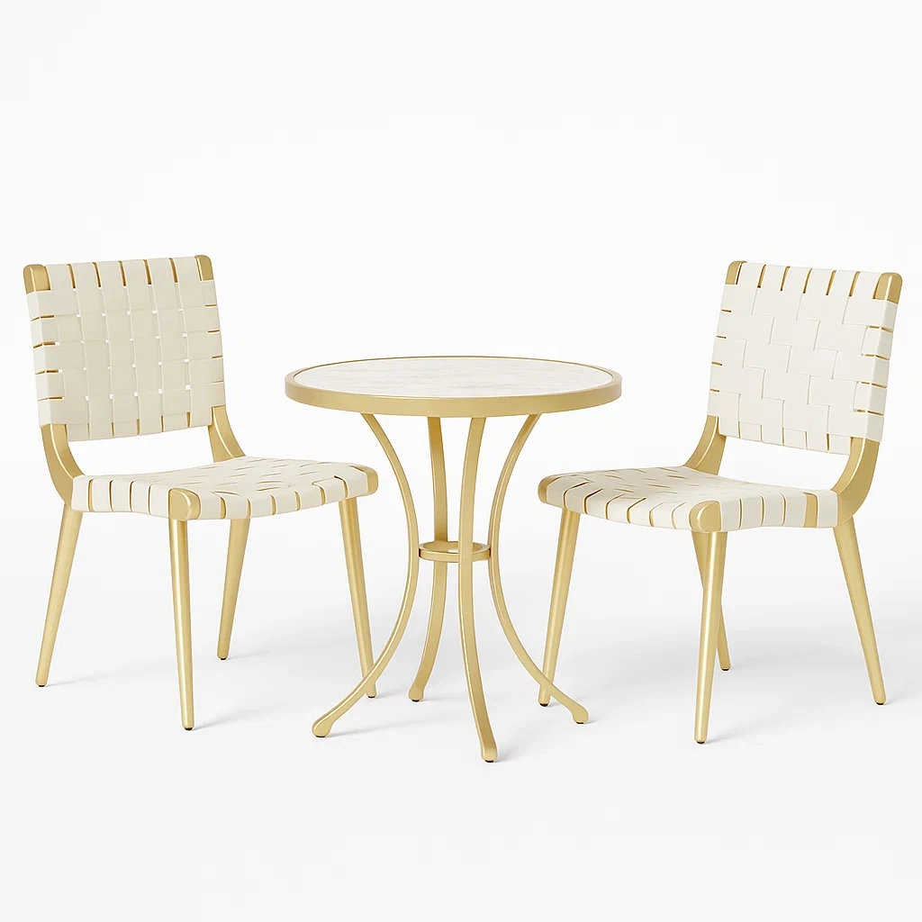 Ensemble de table et chaises de détente en métal beige, 2 chaises avec assises tressées
