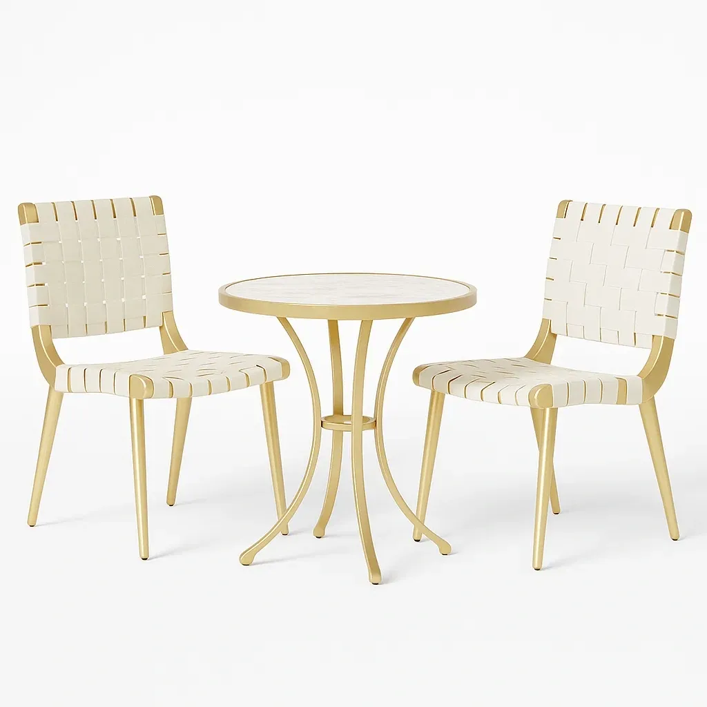 Ensemble de table et chaises de détente en métal beige, 2 chaises avec assises tressées