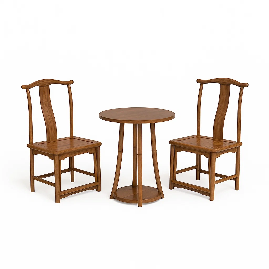 Ensemble de table et chaises de détente en bois massif marron avec table ronde et chaises