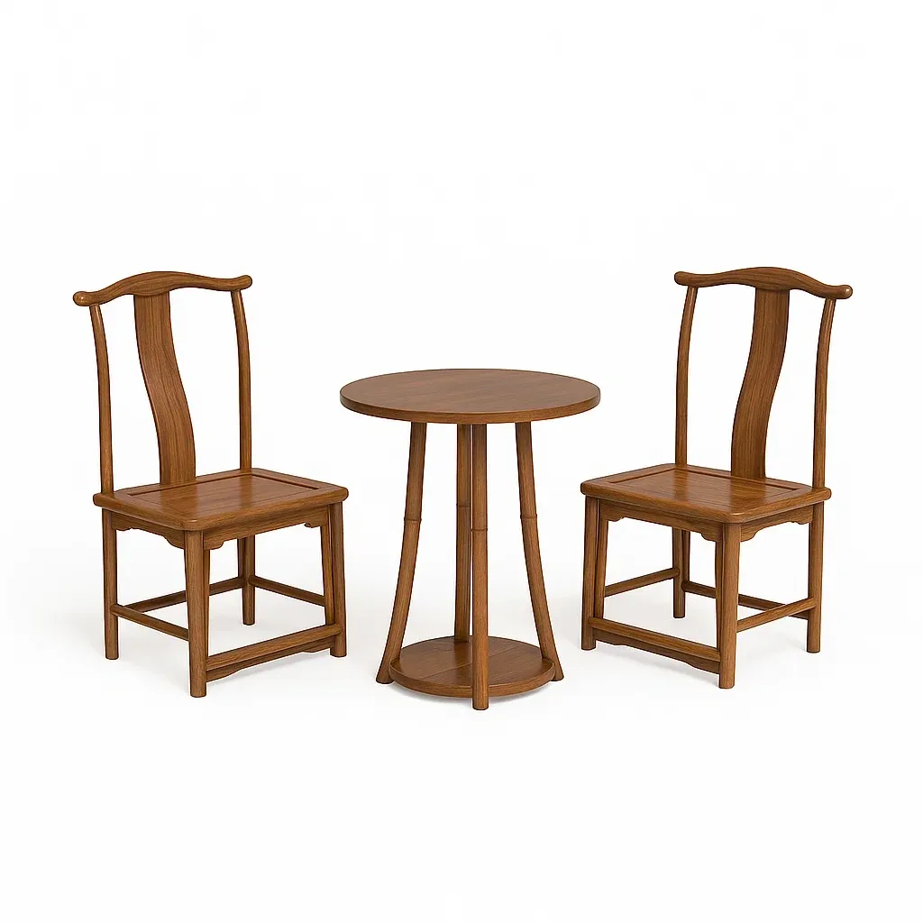 Ensemble de table et chaises de détente en bois massif marron avec table ronde et chaises