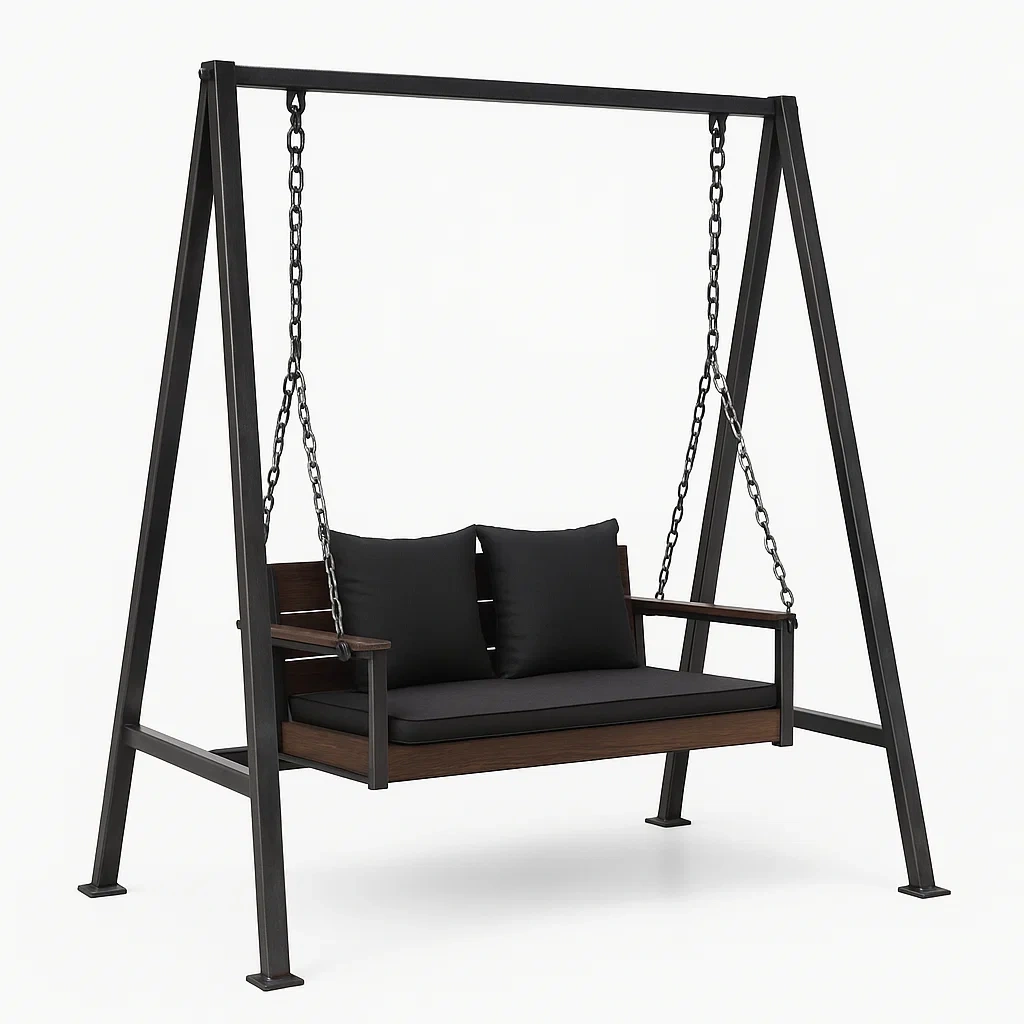 Balançoire de terrasse en métal noir et bois pour deux personnes