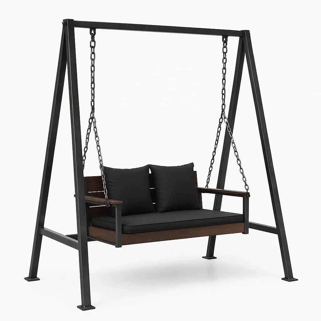 Balançoire de terrasse en métal noir et bois pour deux personnes