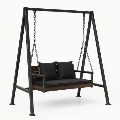 Balançoire de terrasse en métal noir et bois pour deux personnes
