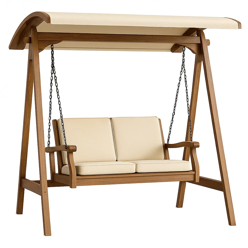 Balançoire de terrasse en bois d'acacia avec coussins beiges