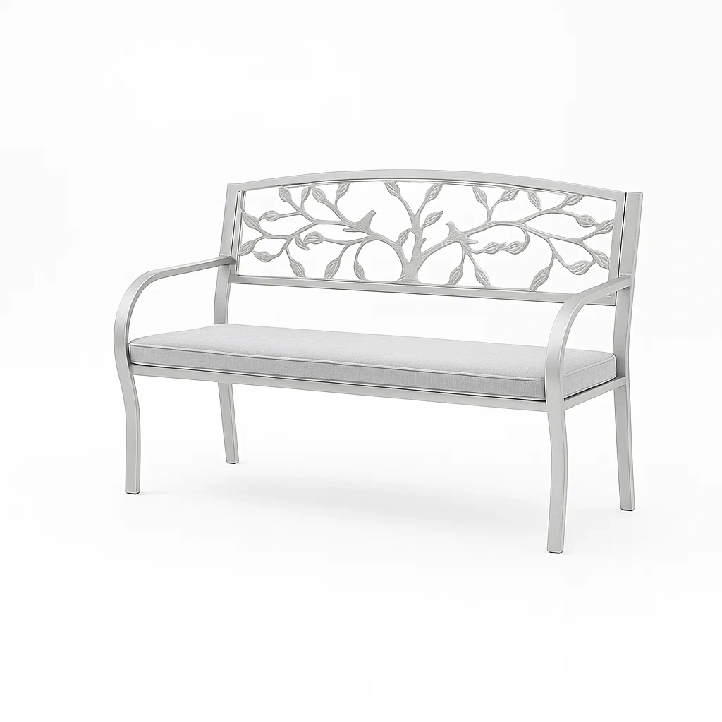 Banc de jardin en aluminium gris avec motif de feuilles et coussin