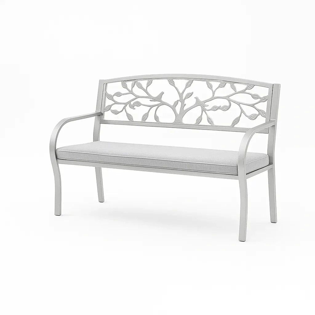 Banc de jardin en aluminium gris avec motif de feuilles et coussin