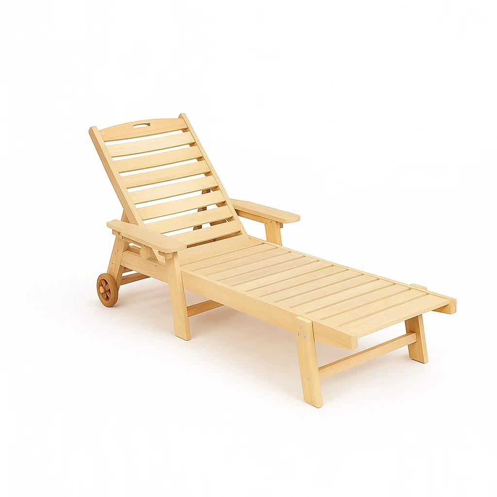 Chaise longue de jardin en bois avec roues - naturelle