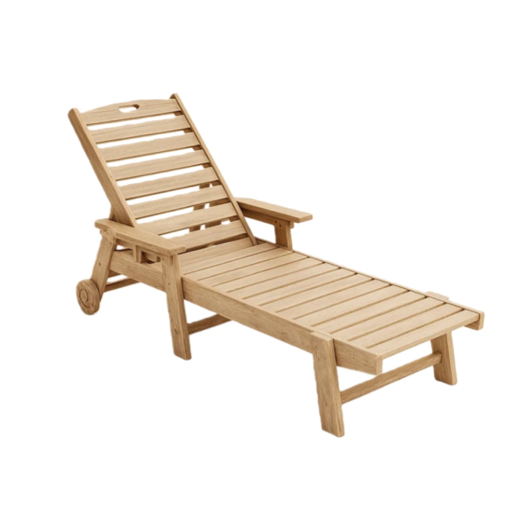 Chaise longue de jardin en bois de teck avec roues