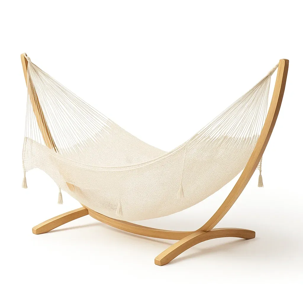 Hamac avec support en bois et toile de coton écru