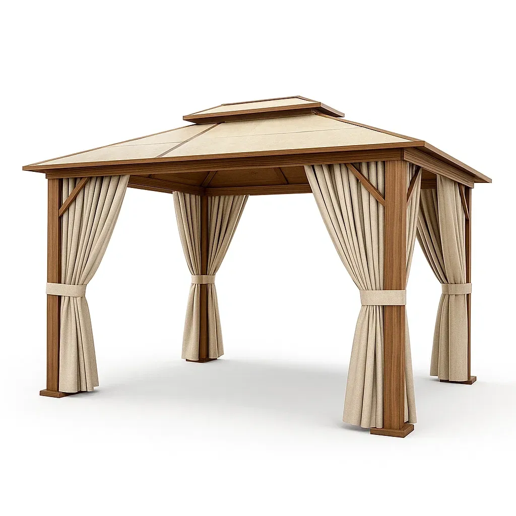 Pavillon de jardin en bois avec rideaux en polyester beige