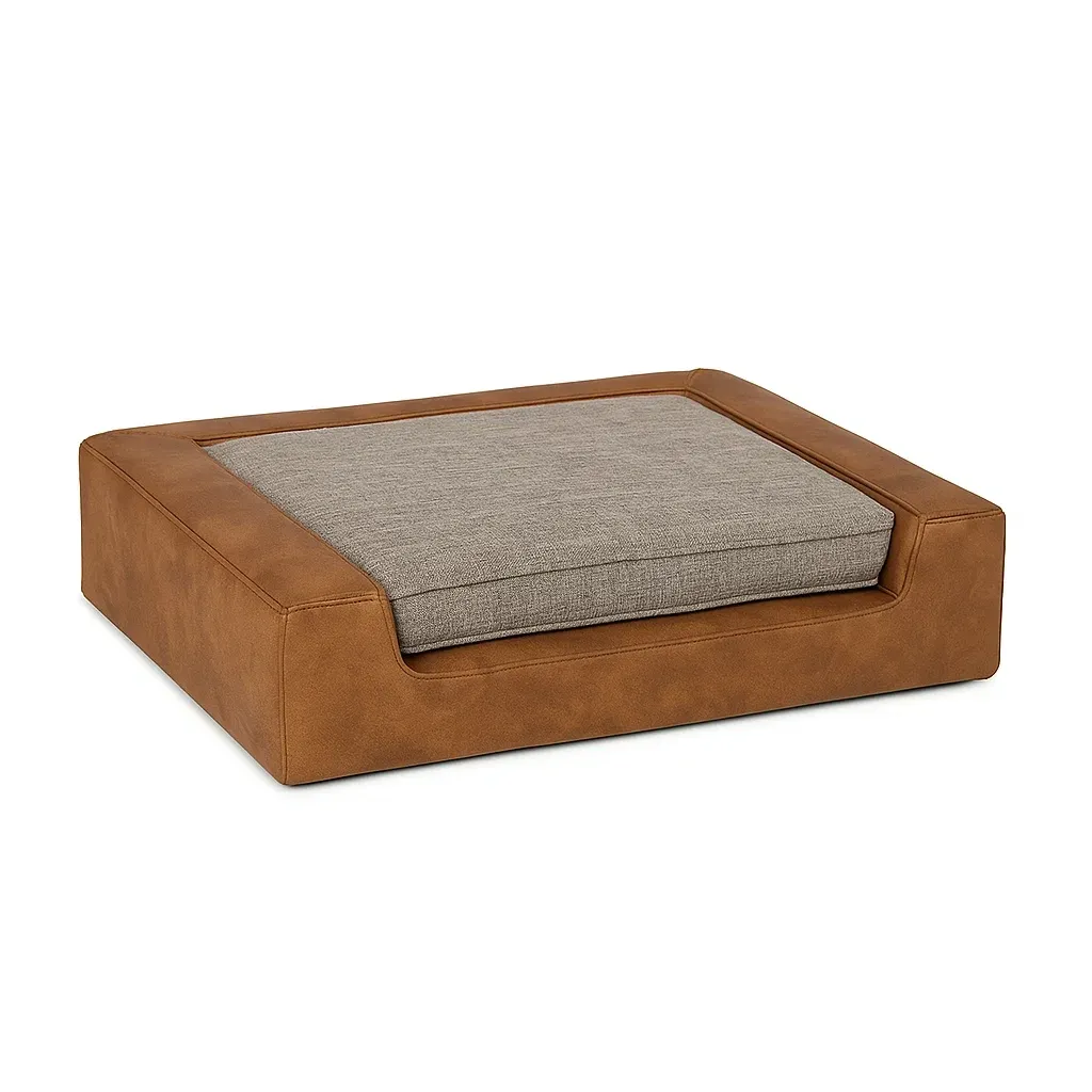 Lit pour chien en cuir synthétique marron et tissu gris