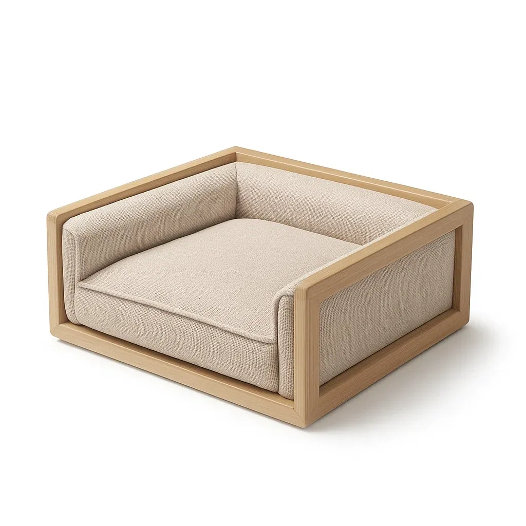 Lit pour chien en bois et tissu polyester 70×70×25 cm beige