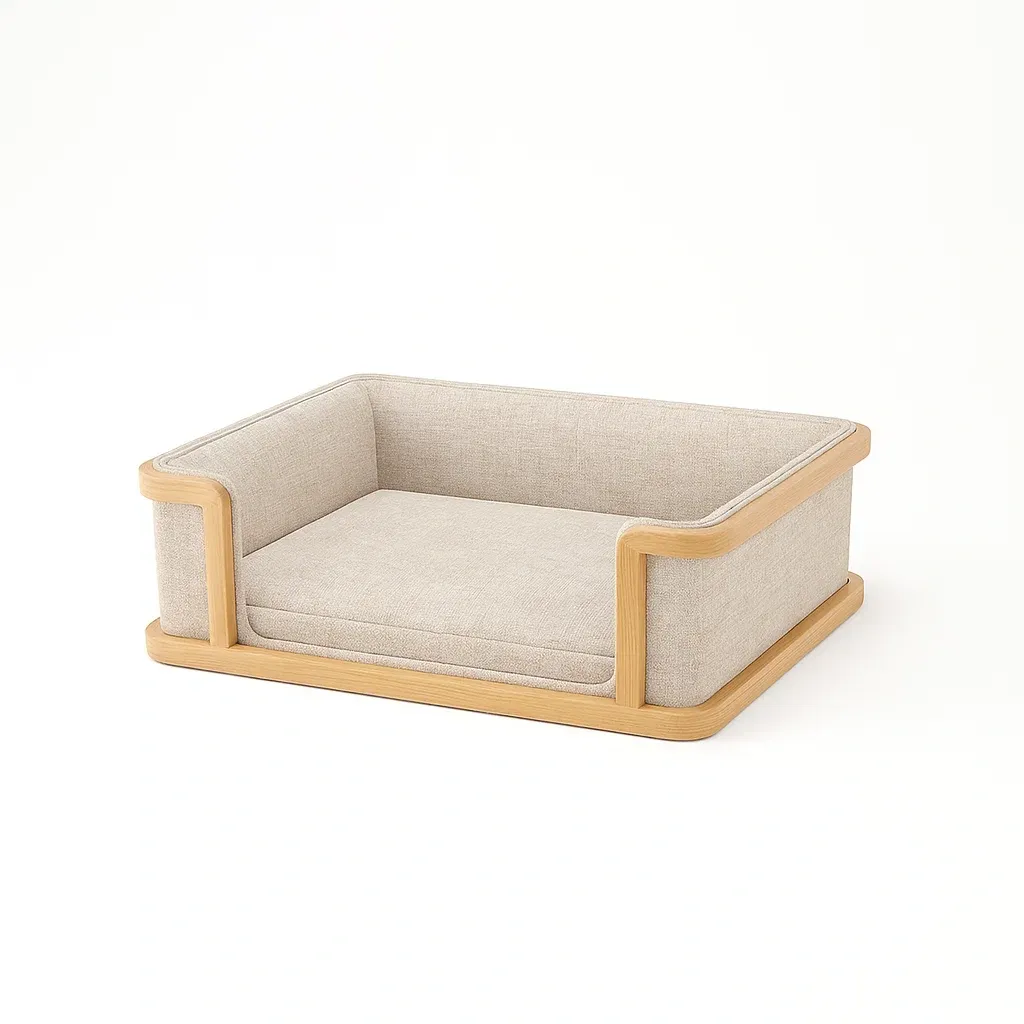 Lit pour chien en bois et tissu beige 80×60×30 cm