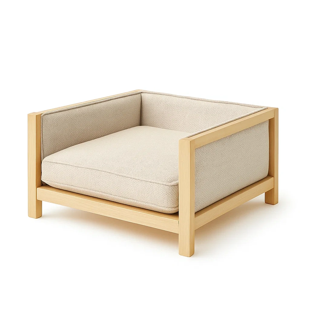 Lit pour chien en bois avec tissu crème