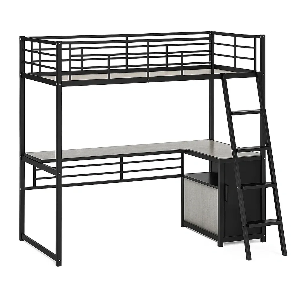 Lit mezzanine avec bureau intégré en métal noir