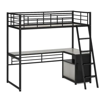 Lit mezzanine avec bureau intégré en métal noir
