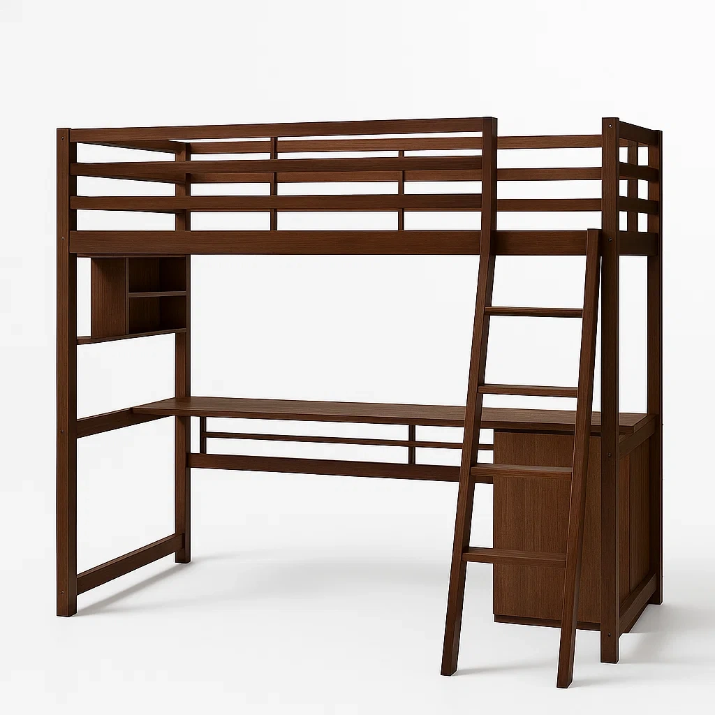 Lit mezzanine en bois chêne brun (200cm x 100cm x 180cm) avec bureau intégré