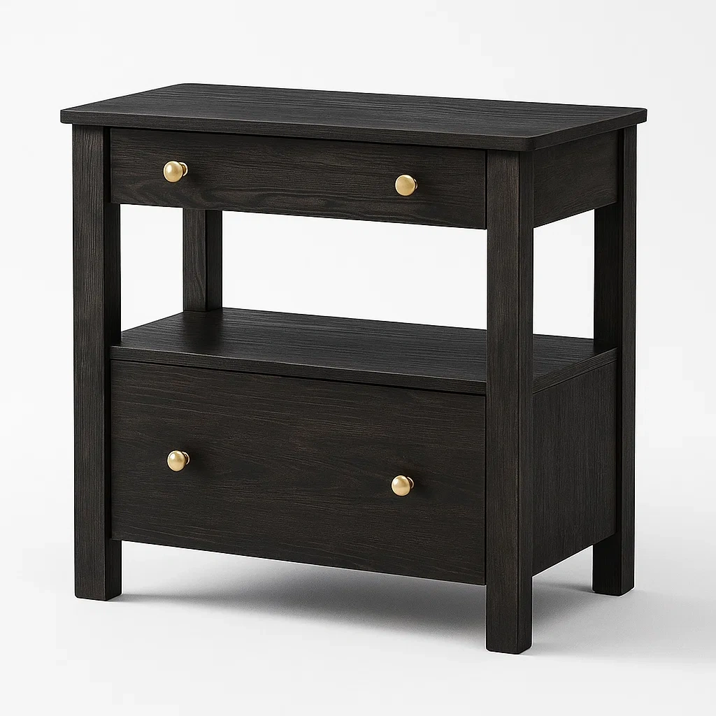 Table de chevet en bois noir avec poignées métalliques