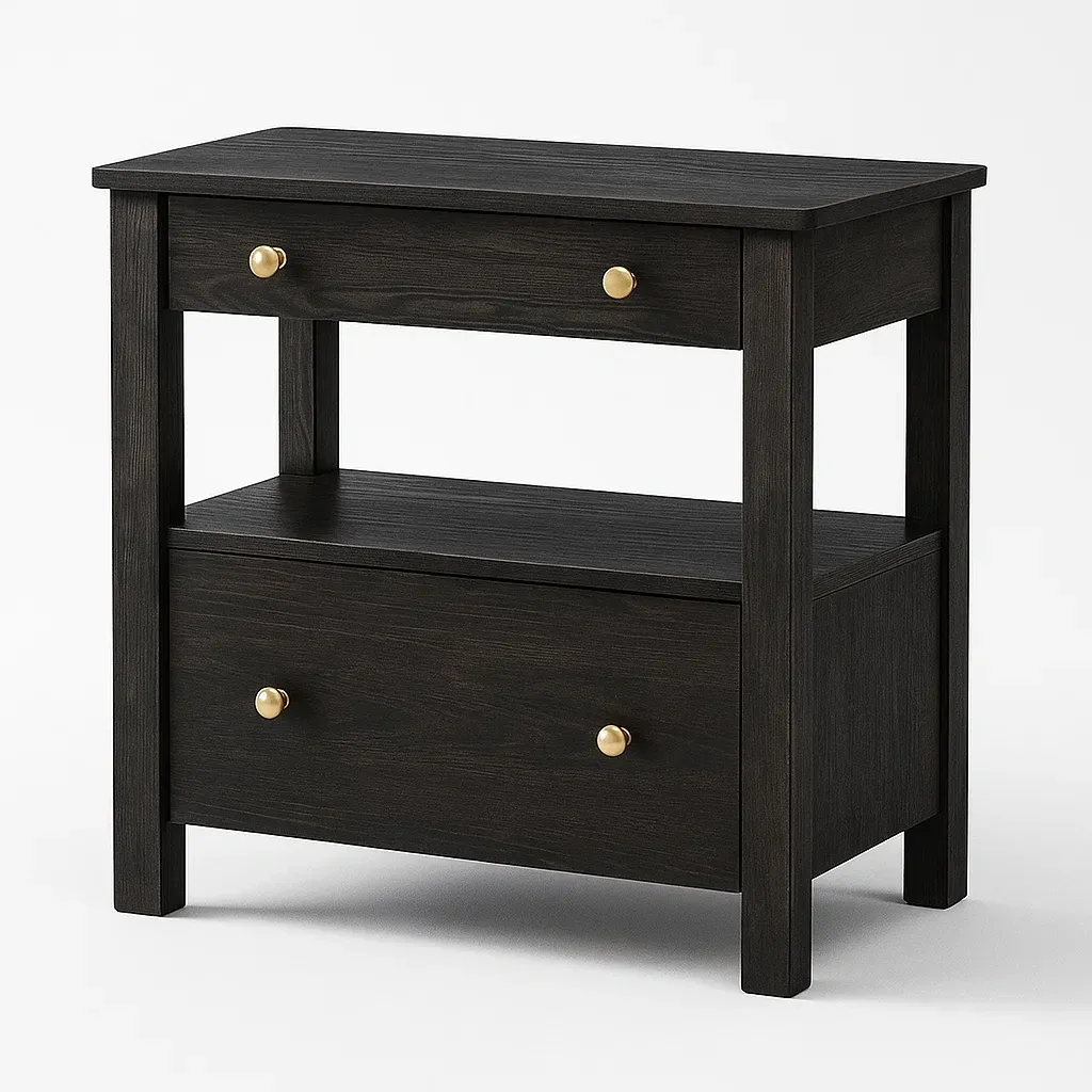 Table de chevet en bois noir avec poignées métalliques
