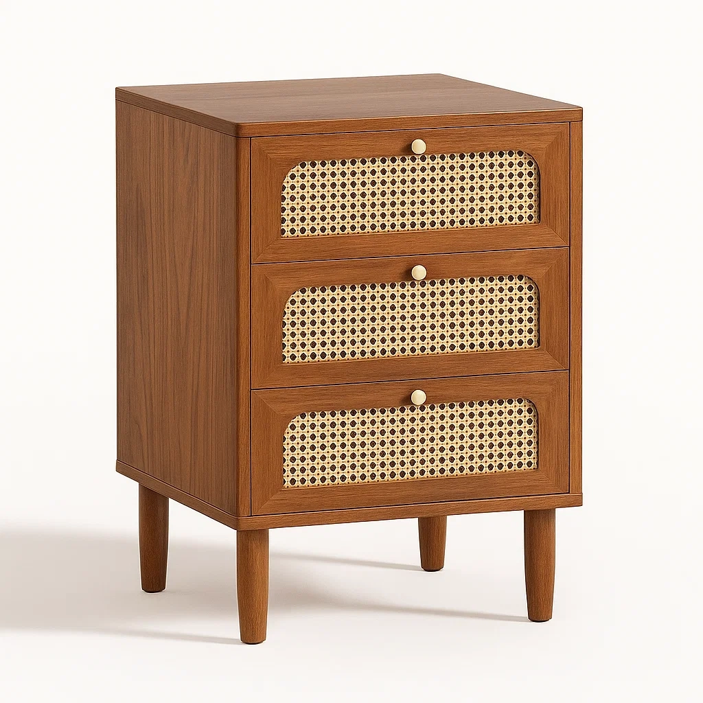 Table de chevet en bois avec tiroirs en rotin et MDF