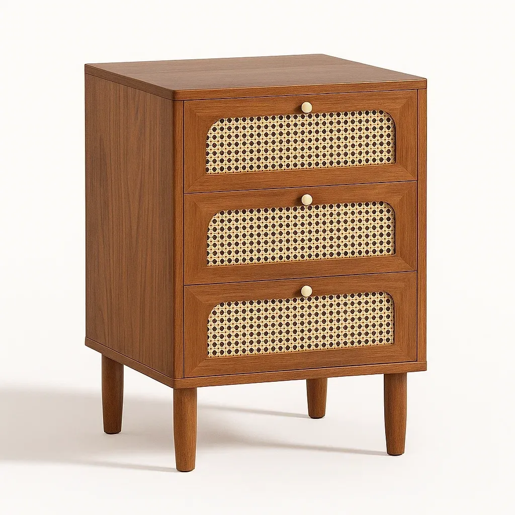 Table de chevet en bois avec tiroirs en rotin et MDF