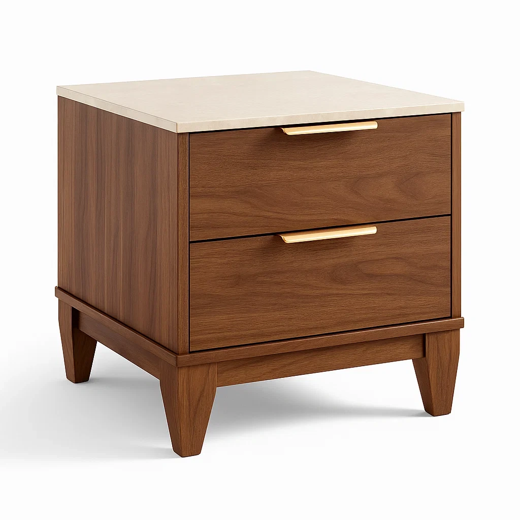 Table de chevet en bois de noyer avec plateau en marbre et poignées en métal