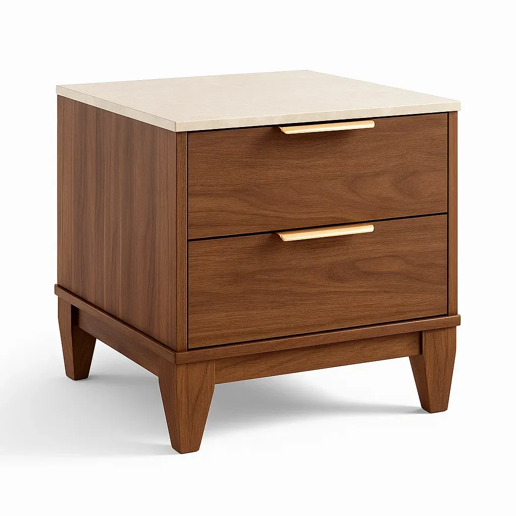 Table de chevet en bois de noyer avec plateau en marbre et poignées en métal