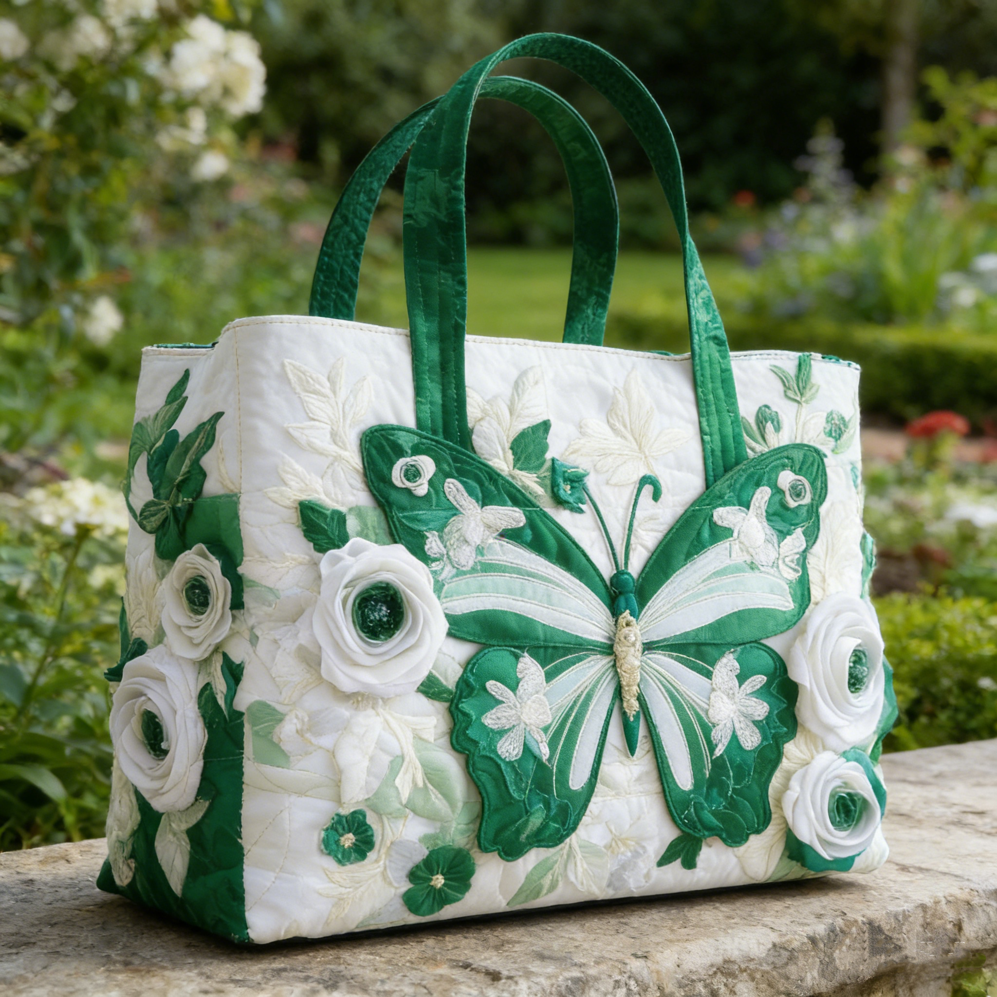 Emerald Butterfly & Rose Quilted Tote Bag KFP2746
