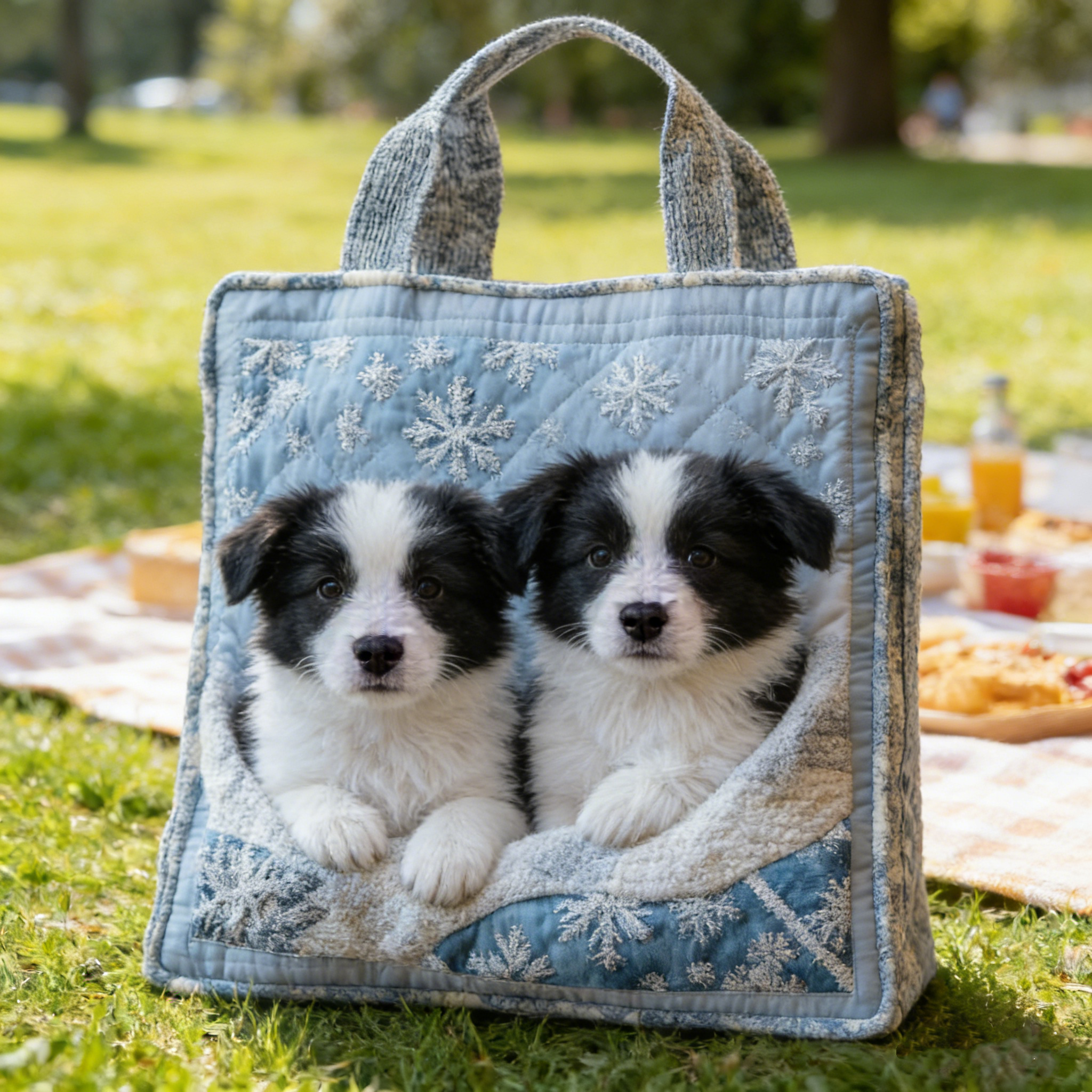 Winter Snowflake Border Collie Puppies Quilted Tote Bag XQZ7291