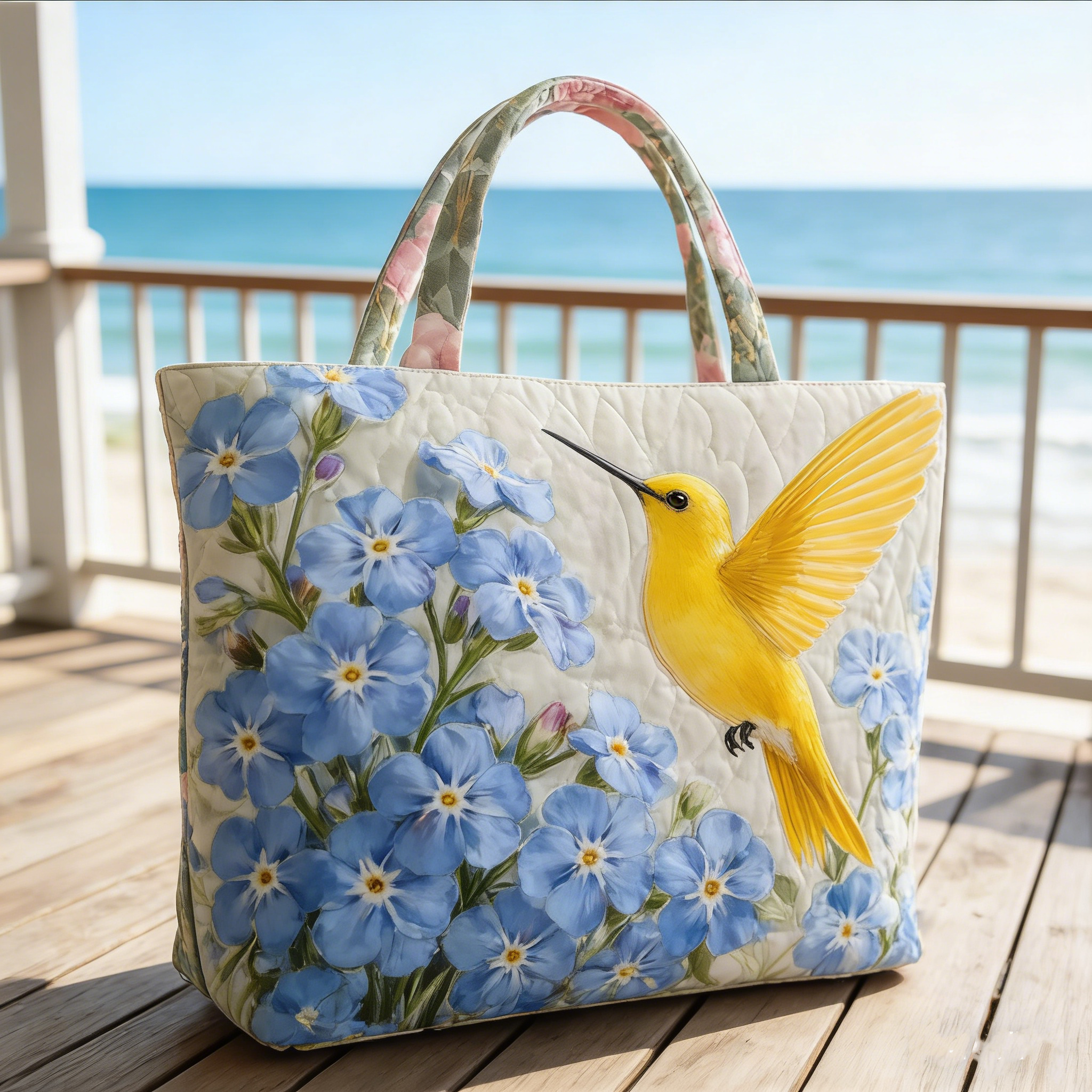 Golden Hummingbird & Blue Floral Quilted Tote Bag KMQ1000