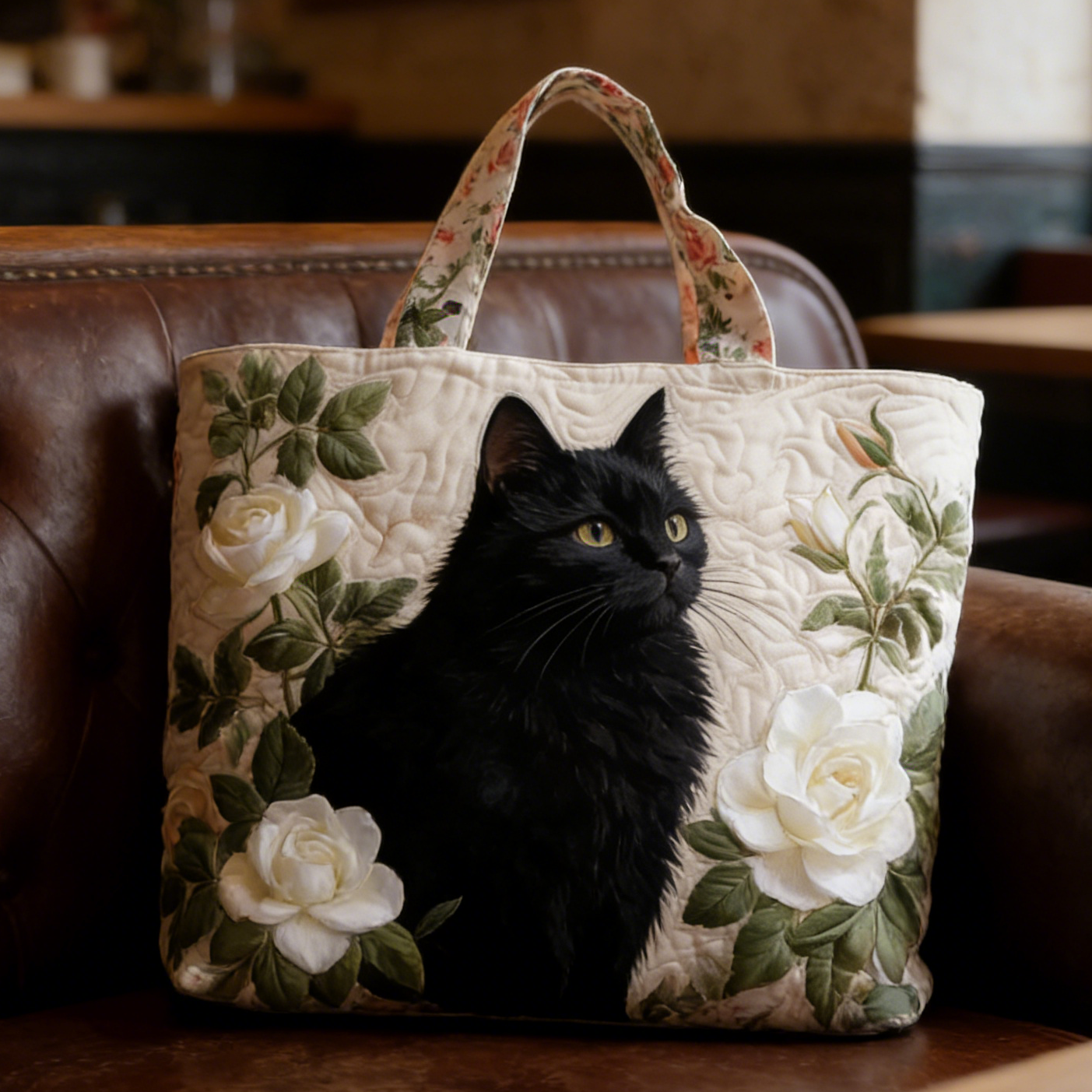 Black Cat & White Rose Quilted Tote Bag YIT574