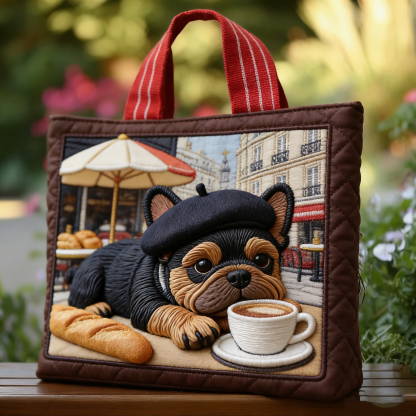 French Café Bulldog Quilted Tote Bag