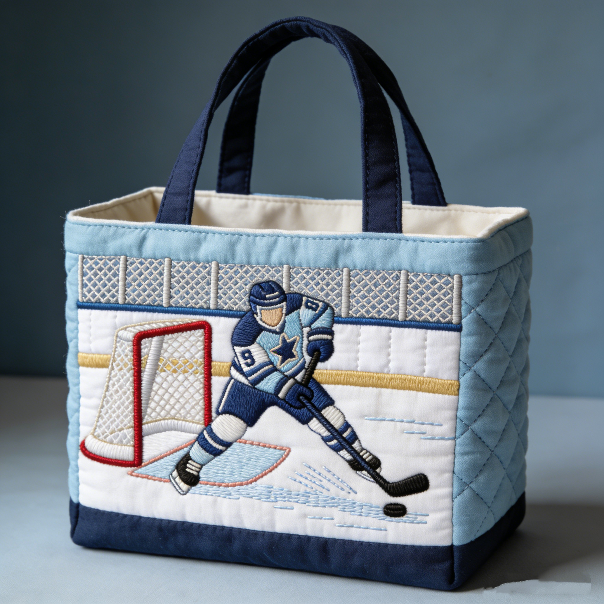 Handmade Quilted Sporty Tote Bag, Hockey Pattern Fabric Shoulder Handbag