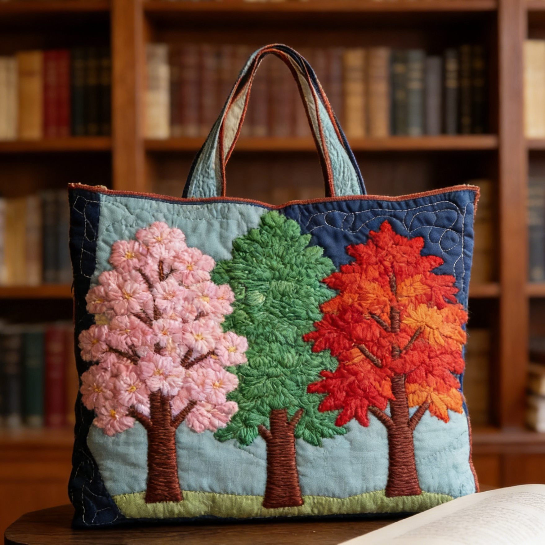 Four-Season Tree Quilted Tote Bag
