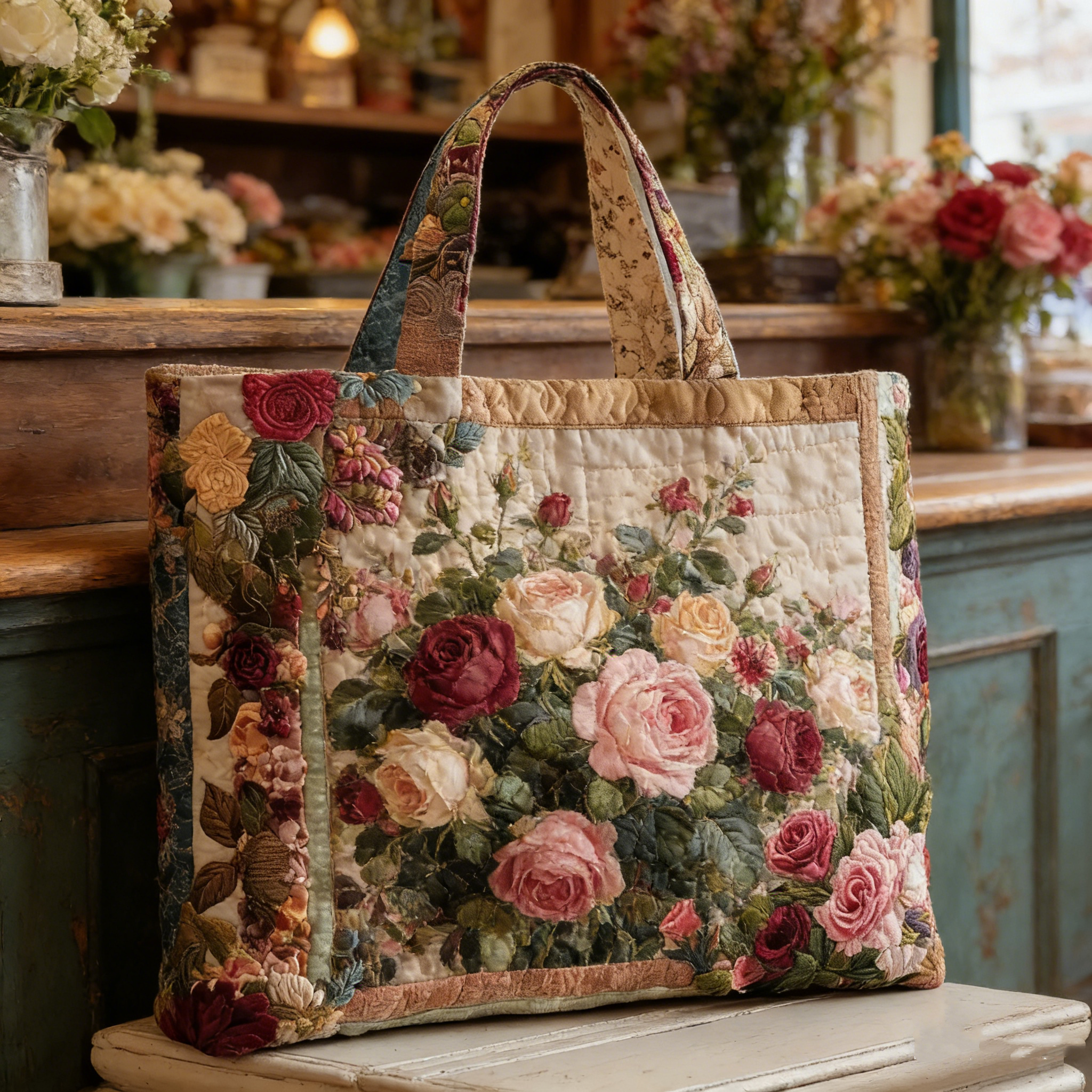 Vintage Rose Garden Quilted Tote Bag WGO3582